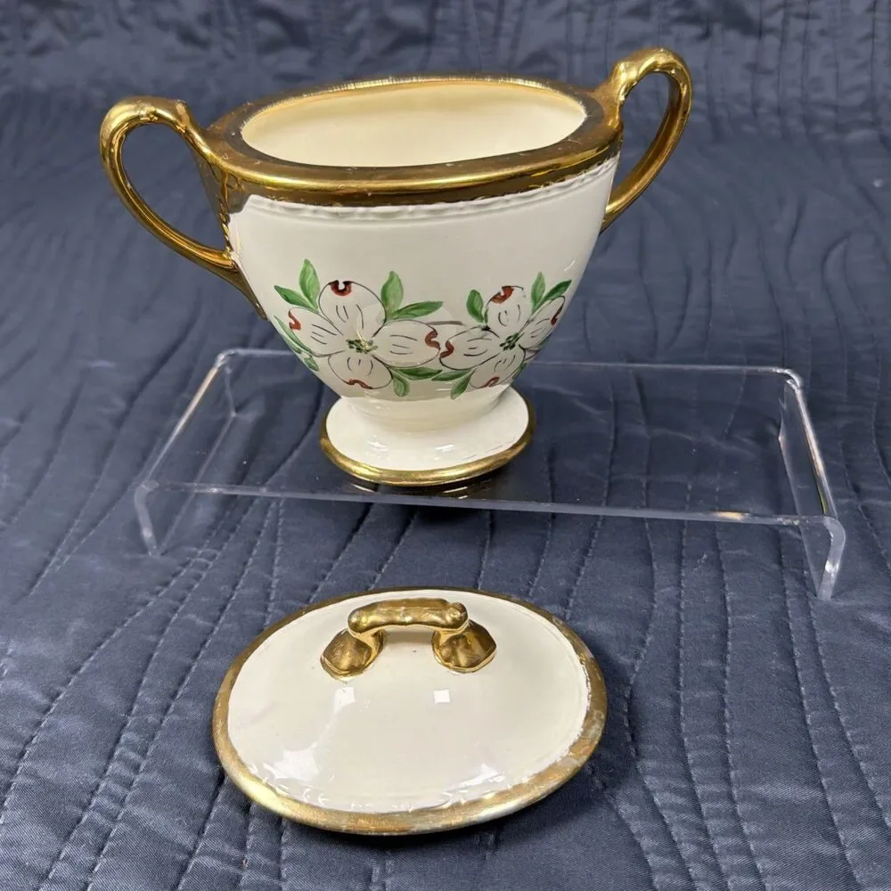 Vintage Porcelain Covered Sugar Bowl Dogwood Flowers Gold Trim Handles Lid